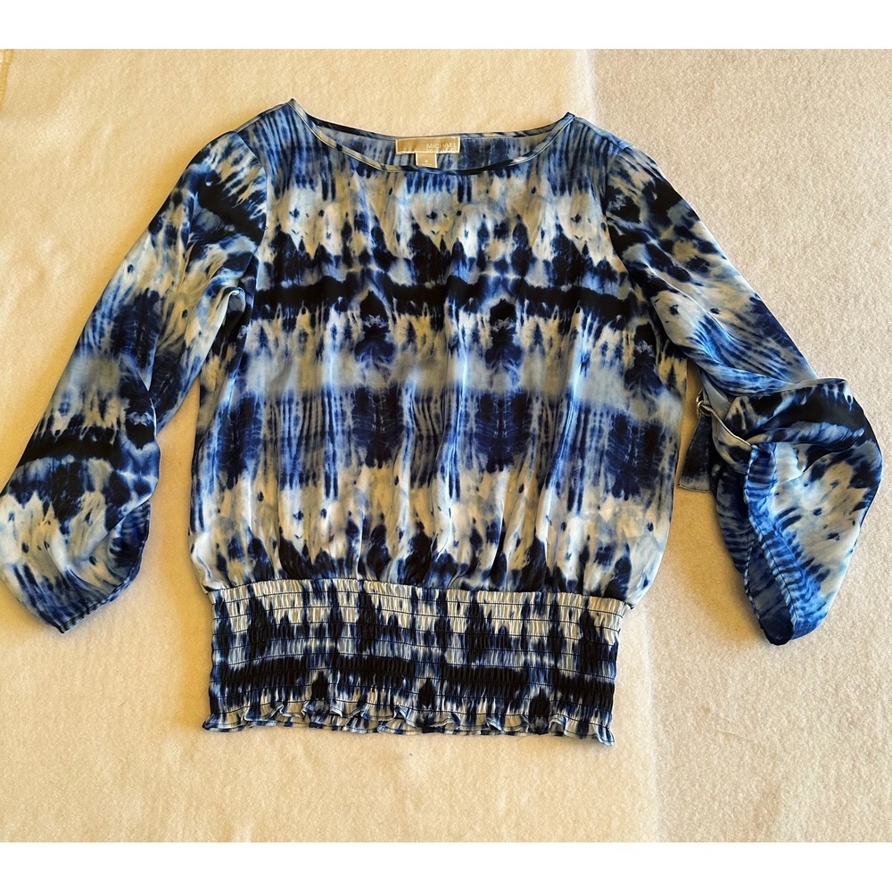 Michael Kors Tie Dye Blouse Size S Blue Smocked Sheer Long Sleeve Boho Chic